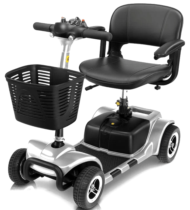 Vive Health MOB1027 4-Wheel Mobility Scooter with padded swivel seat, front basket, and four-wheel base