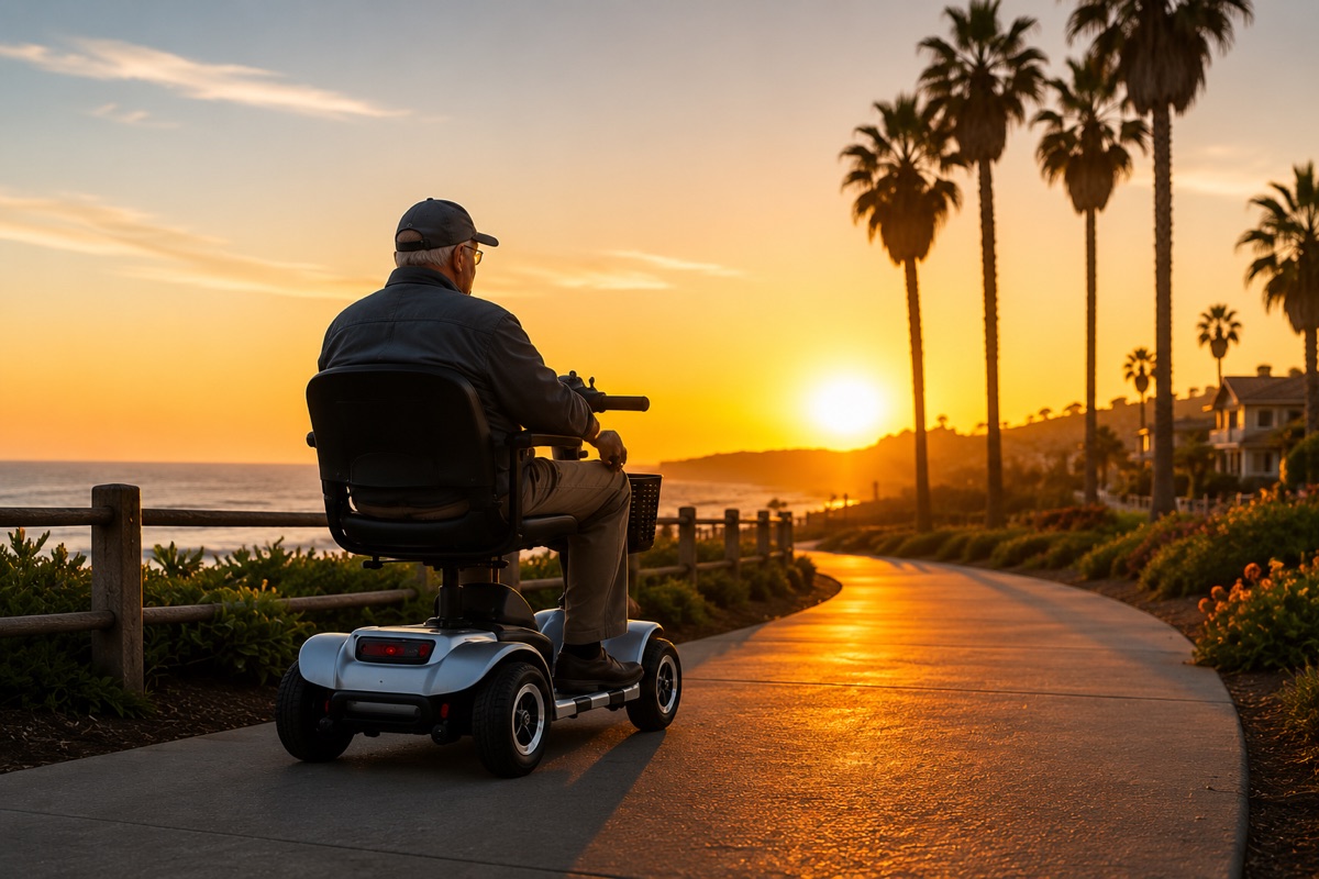 A man rides a mobility scooter along a paved coastal path lined with palm trees at sunset in Orange County.