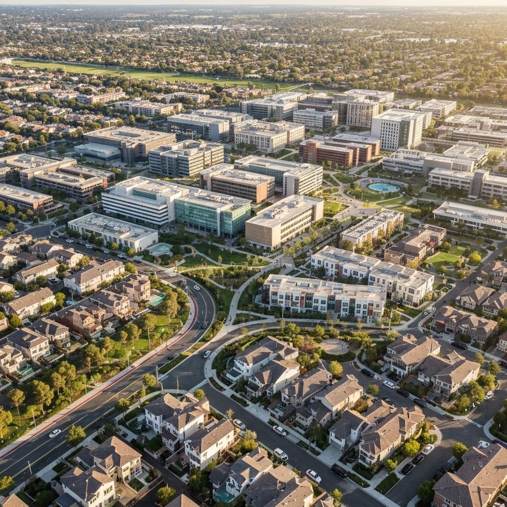 Irvine planned community with modern architecture and wide walkways