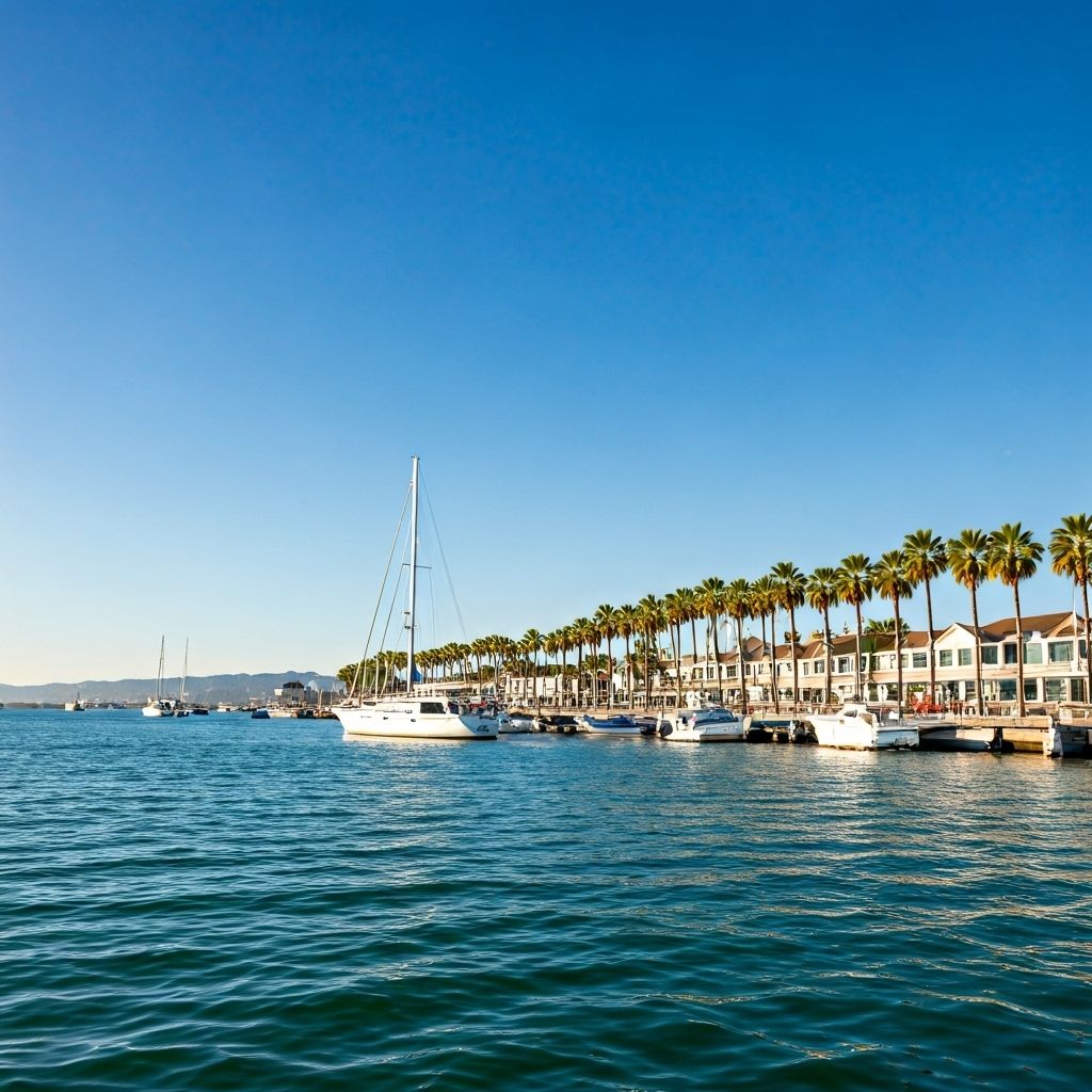 Newport Beach harbor with boats and palm trees